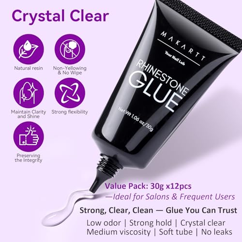 Nail Rhinestone Glue Set - 12 x 30ml Medium Viscosity Gel for Rhinestones & Charms