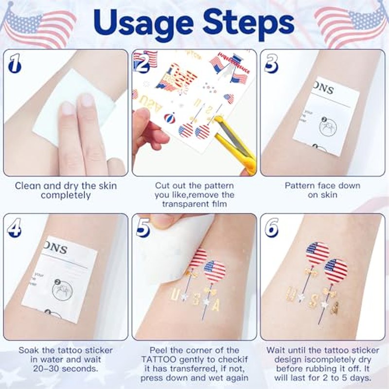 250 Anniversary 4th Of July Temporary Tattoos, USA, America Flag, Patriotic, Independence Day, July 4th Anniversary, Red White Blue Accessories Decorations For Party 4 Sheets