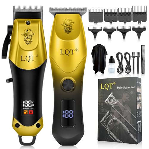 Men's Hair Clippers with LED Display & Detail Trimmer, 2-Piece Cordless Grooming Set, Professional Home Barber Equipment (Black Gold)