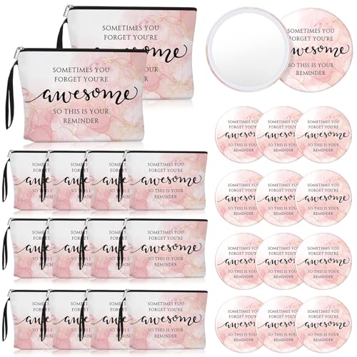 15 Sets Pink Thank You Gifts for Women, Inspirational Gifts Bulk for Female Client Teacher Employee Coworker, Sometimes You Forget You're Awesome Makeup Bags and Compact Mirrors for Party