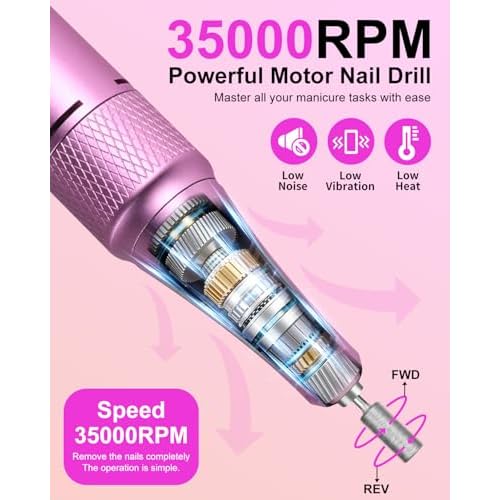 Professional Electric Nail Drill Kit 35000RPM with 14PCS Bits Purple Gold Portable Rechargeable Cordless File Machine for Acrylic Gel Powder Nails and Manicure Pedicure Toenail Tool Salon Set