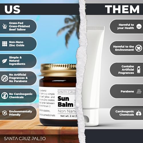 Santa Cruz Paleo, Beef Tallow Sun Balm with Non-Nano Zinc Oxide, Sunscreen Free, Unscented, Natural Mineral Sun Protection for Face & Body, Acne Safe, Moisturizer, Non Comedogenic, Organic Balm, 2 Oz