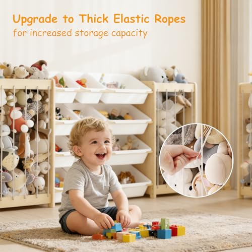 Large Wooden Toy Storage Organizer with 12 Bins & Plush Toy Holder - White, 64.4"L