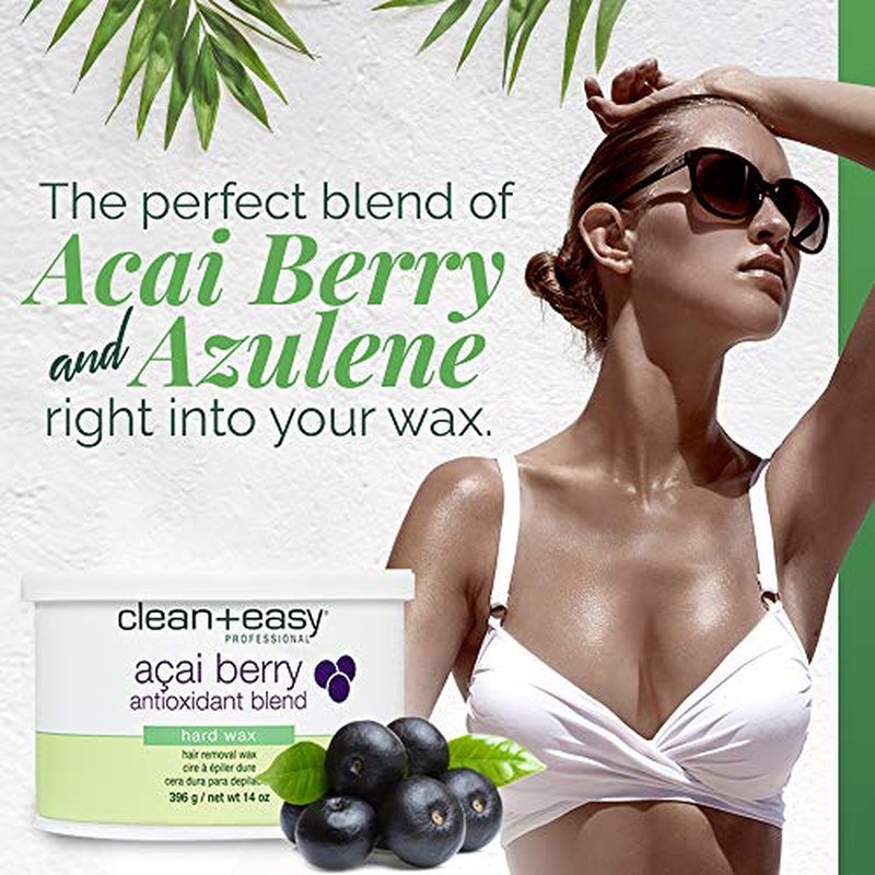 Clean + Easy Acai Berry Hard Wax for Hair Removal ? Non-Strip, Depilatory Wax for Painless Full Body, Face, Bikini Brazilian Waxing, Removes Fine to Coarse Hair, 14 oz