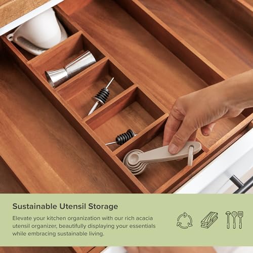 KitchenEdge Expandable Acacia Drawer Organizer - Natural, Fits 16-28 Inch Wide Drawers