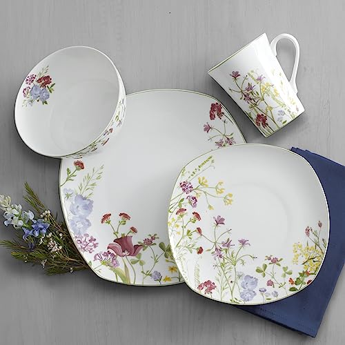 Mikasa Wildflower Garden 16-Piece Bone China Dinnerware Set for 4 - Floral Square Plates & Mugs