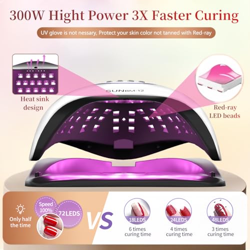 300W UV LED Nail Lamp with 72 Beads, Fast Curing Gel Polish, Automatic Sensor, 4 Timer Settings, Portable Nail Dryer