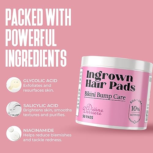 Divine Derriere Smoothing Solution Ingrown Hair Pads - Smooth, Relieve, Soften Skin - BHA & AHA Ingrown Hair Serum for Razor Burns and PFB Razor Bumps - Ingrown Hair Treatment for Bikini Area, 50ct