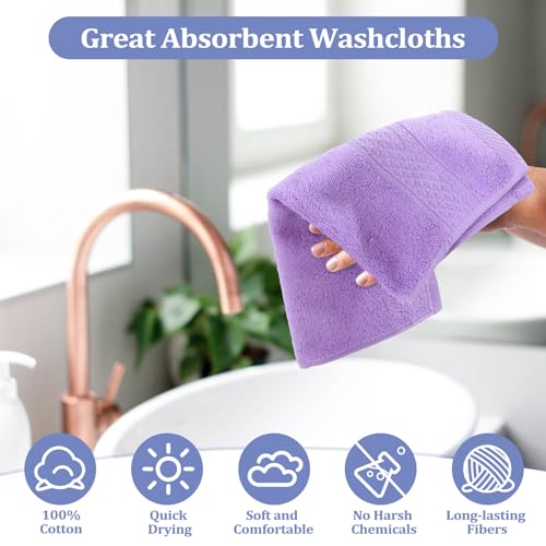 Purple Series 15-Pack Cotton Washcloths - Soft, Absorbent Face & Body Towels