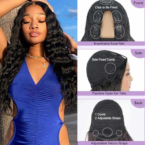 Black Water Wave V Part Wig 26 Inch Synthetic U Part Lace Front Hairpiece for Black Women - 180% Density #1B