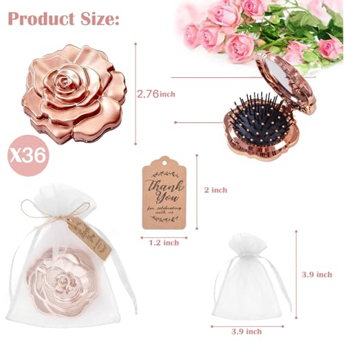 Set of 36 Rose Compact Mirrors & Hair Brushes with Organza Bags for Wedding & Party Favors