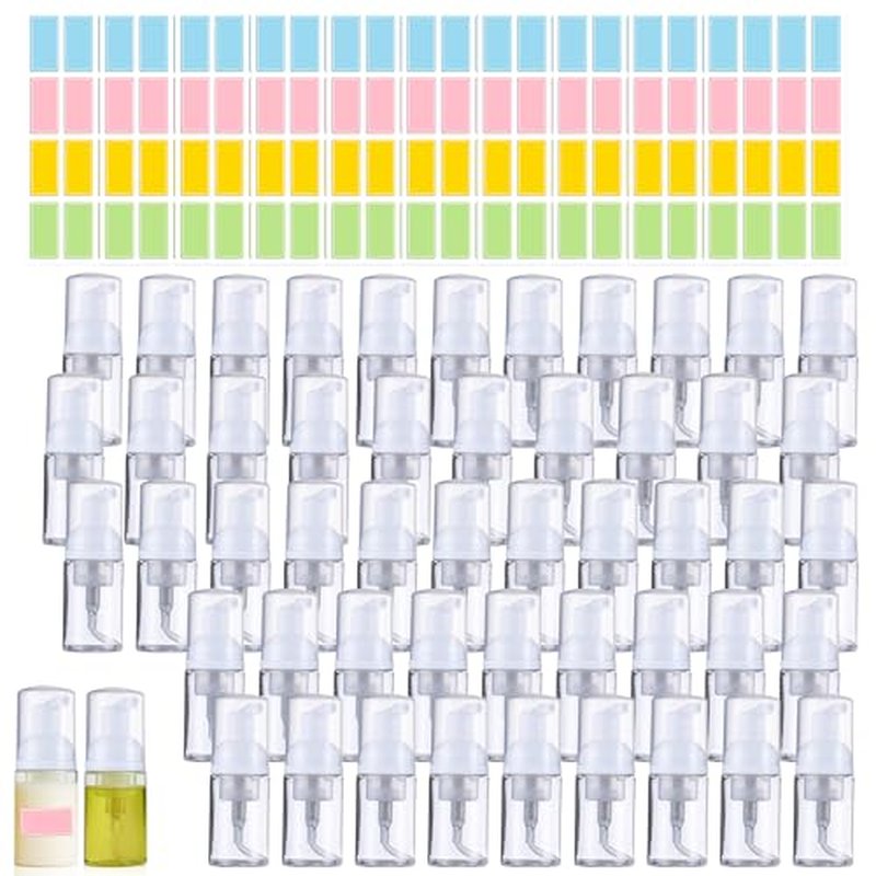 50 Pcs Foam Pump Bottle 1 oz Small Size Mousse Foam Soap Dispenser,Clear Plastic Empty Refillable Mini Foam Pump Bottle for Face Wash Shampoo Skin Care with 160 Labels£¨30 ml£©