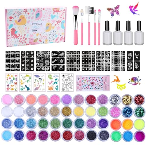 Kids & Adults Glitter Tattoo Kit with 42 Glitters & 209 Stencils for Face Body Art