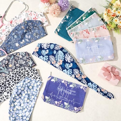 12 Pcs Nurse Appreciation Gift Set Adjustable Scrub Caps with Canvas Makeup Bags Christmas Thank You Gift Bulk for Nurse Doctor Staff Medical Surgical Technologist Holiday Party Favors