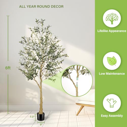 FEELEAD 6ft Faux Olive Tree with Textured Trunk & Lifelike Leaves - Indoor Decor