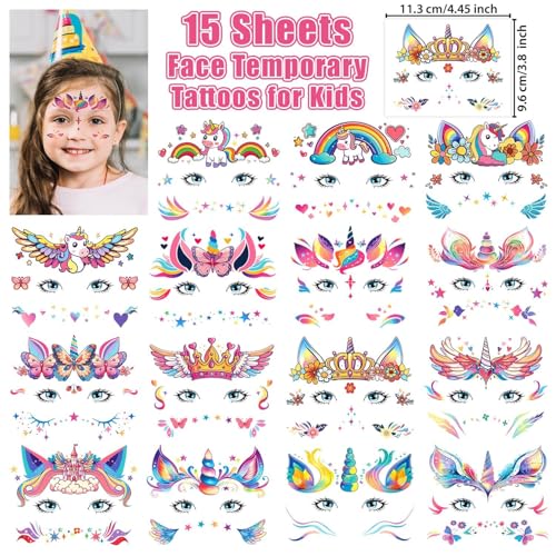 Partywind Face Temporary Tattoos for Girls, Waterproof Fake Tattoos for Kids Party Supplies Favors, Face Tattoos for Children Birthday Party Games, Special Party Goodie Bag Stuffers Fillers