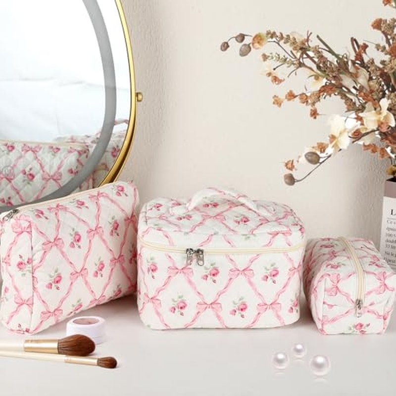 3Pcs Makeup Bag Set,Quilted makeup bag,Floral Cosmetic Bag for Women, Cute Cotton Cosmetic Bag, Wide-open Easy to Take, Flower Toiletry Organizer Bag