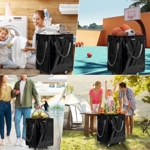 Xiktslin Large Black Reusable Foldable Rolling Grocery Tote with 5 Wheels