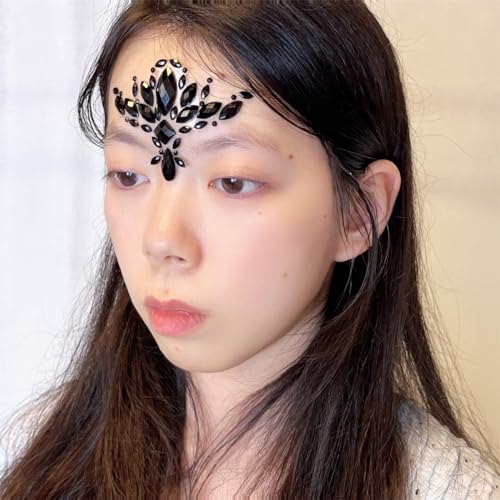 Topz Black Flower Face Jewels for Halloween Costume Makeup - Cat Women Mermaid Day of the Dead Gems Stick-on Tattoos Fairy Accessories (Black-S095)