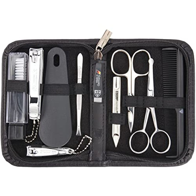 3 Swords Germany ? brand quality 10 piece manicure pedicure grooming kit set for nail care tweezers file clipper, Made by 3 Swords (BLACK - GENUINE LEATHER)