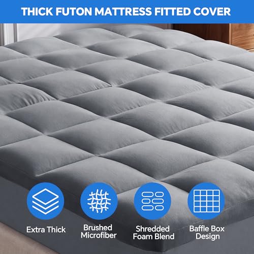 HOMBYS Full Size Fitted Futon Mattress Cover with Anti-Slip Elastic, Support Foam Blend, Soft Velvet Grey