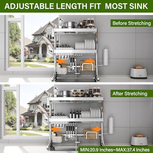 Silver 3-Tier Over The Sink Dish Drying Rack Adjustable 20.9-37.4 Inch