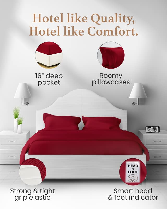 Queen Size Egyptian Cotton Bed Sheets Set - Burgundy 4 Piece Deep Pocket