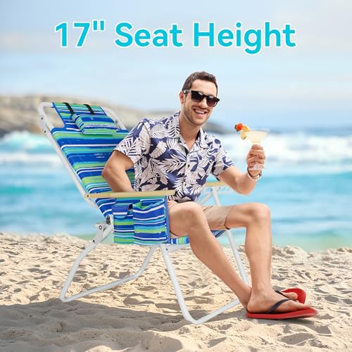 Tall Backpack Beach Chair with Wooden Armrests, 17" Seat Height, 5 Reclining Positions - Blue & Green Variation
