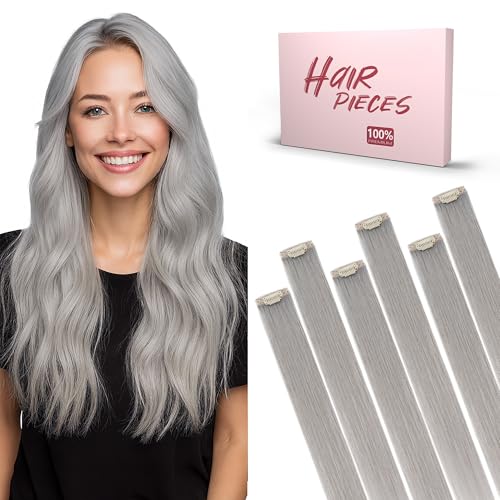 SEGO 12 Inch Clip-In Human Hair Extensions - Silver Grey Remy Straight Natural Hair, 6 Pcs