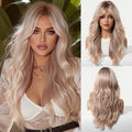 Rose Gold Layered Wavy Long Wig 22 Inch with Bangs for Women - Synthetic, Heat-Resistant, Glueless Style (Variation #9OR22)