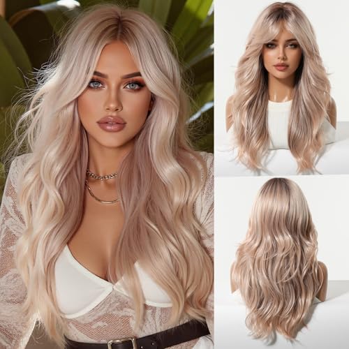 Rose Gold Layered Wavy Long Wig 22 Inch with Bangs for Women - Synthetic, Heat-Resistant, Glueless Style (Variation #9OR22)