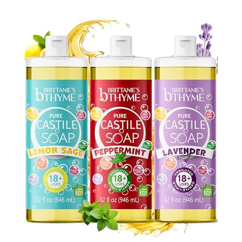 Brittanie's Thyme Pure Castile Liquid Soap Variety, Lavender/Peppermint/Lemon, 32 oz Pack of 3 | For Hair & Body, Gentle and Pure, Made with Natural Luxurious Oils, Vegan & Gluten Free Non-GMO