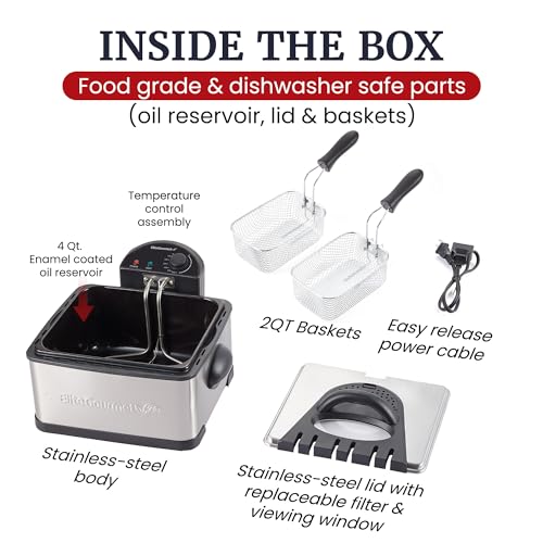 Elite Gourmet 4.5Qt Deep Fryer with Dual 2Qt Stainless Steel & Black Baskets - Split Tank