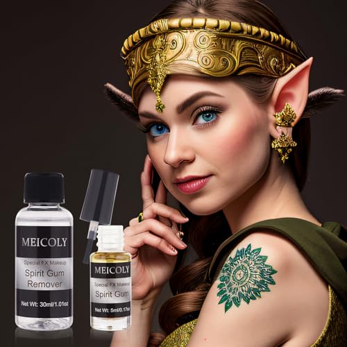 MEICOLY Spirit Gum Adhesive and Remover Combo Kit,Prosthetic Bald Cap Adhesive Glue,Face Skin Glue for Costume,Pro Makeup Glue Adhesive for Face Body Mustache Beard