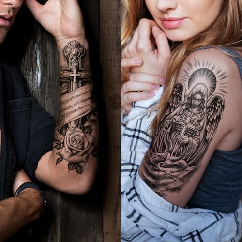 77 Sheets Christian Cross Temporary Tattoo for Women Men, 17 Sheets Half Arm Large Religious Jesus God Fake Tattoos, 60 Sheets Angels Black Christ Tiny for Adult Kids Body Tattoos Stickers Realistic