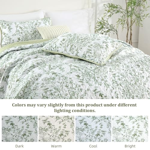 California King Quilt Set - Sage Green Botanical Lightweight Bedspread with Pillowcases - Reversible, 3 Pieces