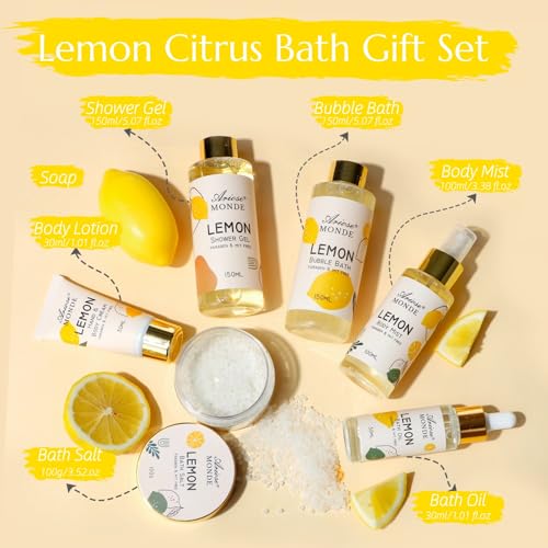 ArioseMonde Lemon Gift Basket for Women - Spa Self Care Kit, 8pcs