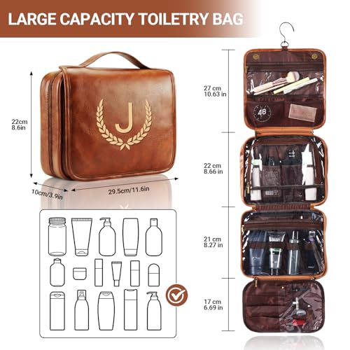 Personalized Hanging Travel Toiletry Bag for Men - Light Brown, Initial E, Large Organizer & Dopp Kit with Water-Resistant Compartments