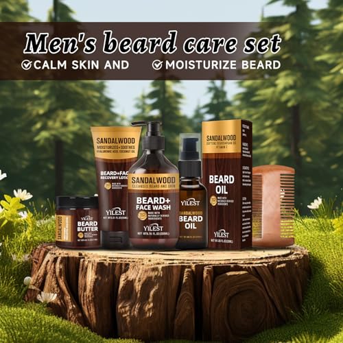 Sandalwood Beard Care Set | Nourish Follicles for Elastic Growth, Deeply Condition with Butter & Oil, Soothe Skin with Recovery Lotion & Gentle Wash