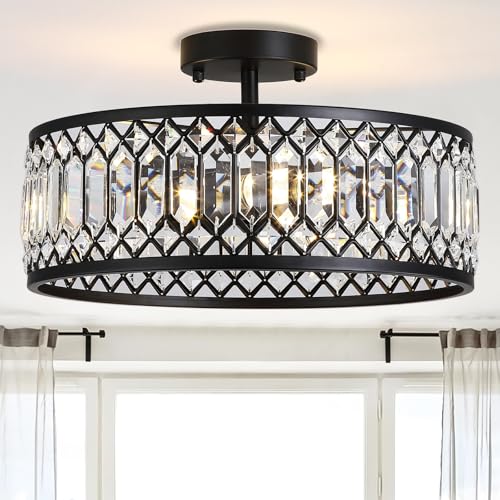 16-inch Black Crystal Ceiling Light with 3 E26 Sockets Modern Semi-Flush Mount Fixture for Living Room Bedroom Kitchen