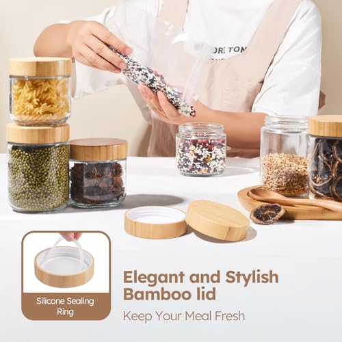 Tecohouse Chia Pudding Jars with lids, 6 Pack 12 OZ Overnight Oats Containers with Bamboo Lids, Mason Glass Cosmetic Jars with Airtight Lids For Salad, Meal Prep, Snacks, Spice, Suger, Yogurt