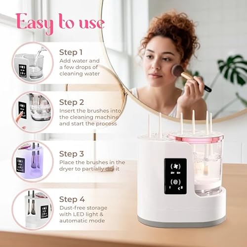 BRISEL 3-in-1 Electric Makeup Brush Cleaner & Dryer, USB Automatic with LED Light, Fast Deep Cleaning & Quick Drying for All Brush Sizes, White & Rose Gold Beauty Tool