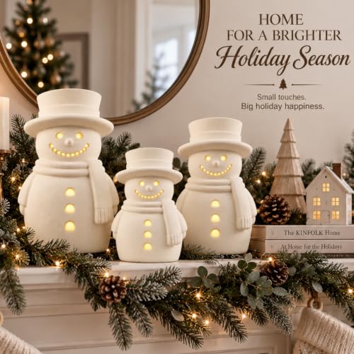 3-Piece Terracotta Snowman Christmas Decor with LED String Lights