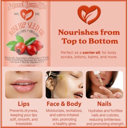 SALE! 4oz Rosehip Seed Oil, 100% Pure and Natural, Cold-Pressed, Unrefined, Organic Moisturizer for Skin and Hair - Includes Pump & Dropper