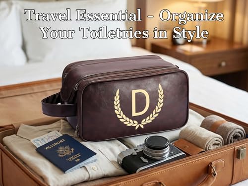 Personalized Men's Toiletry Bag - Custom PU Leather Waterproof Travel Kit with Initial - Tea Brown, Small (S)