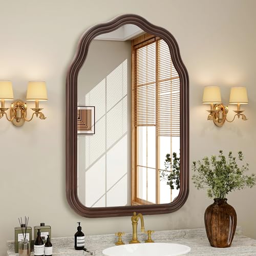 36 Inch Wavy Arch Wooden Bathroom Mirror - Rustic Wall Decor, Dark Brown