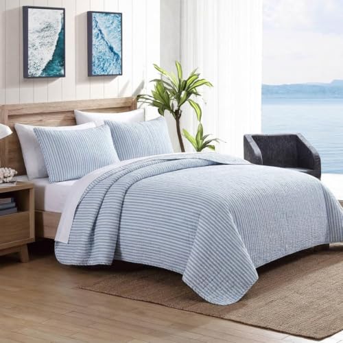 Nautica Twin Reversible Cotton Quilt Set with Sham - Coleridge Stripe Light Blue