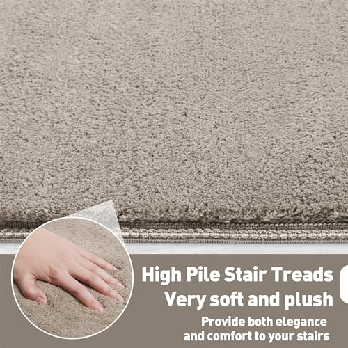 Cream Gray Carpet Stair Treads 8 x 30 Inches - 14 Pcs Ultra Plush Non-Slip Home Safety