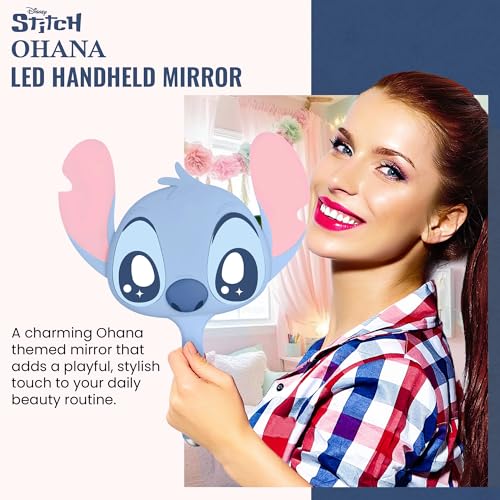 Impressions Vanity Stitch Ohana LED Handheld Makeup Mirror for Desk, Lighted Travel Makeup Mirror with Detachable Standing Base, Ultra Bright Adjustable Lighting, and Ohana Figural Shaped Design