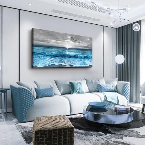 Large Canvas Wall Art - Blue Sea Wave Ocean Painting 24x48 Inch for Living Room Bedroom Office Decor - Variation of THIS listing